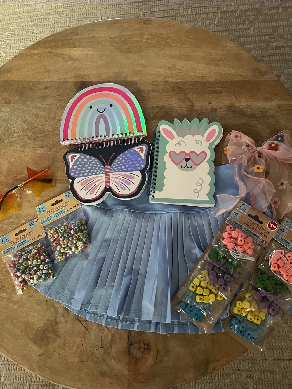 Kids Pleated Blue Skirt with Rainbow & Llama Notebooks - Cute Craft Set